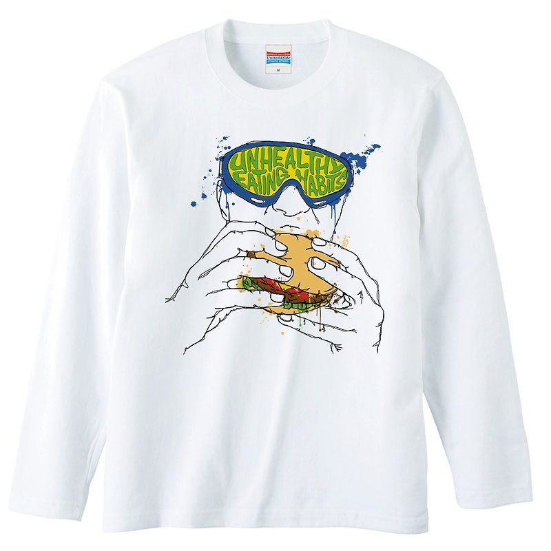 ロングスリーブTシャツ / Unhealthy eating habits - 男装上衣/T 恤 - 棉．麻 白色