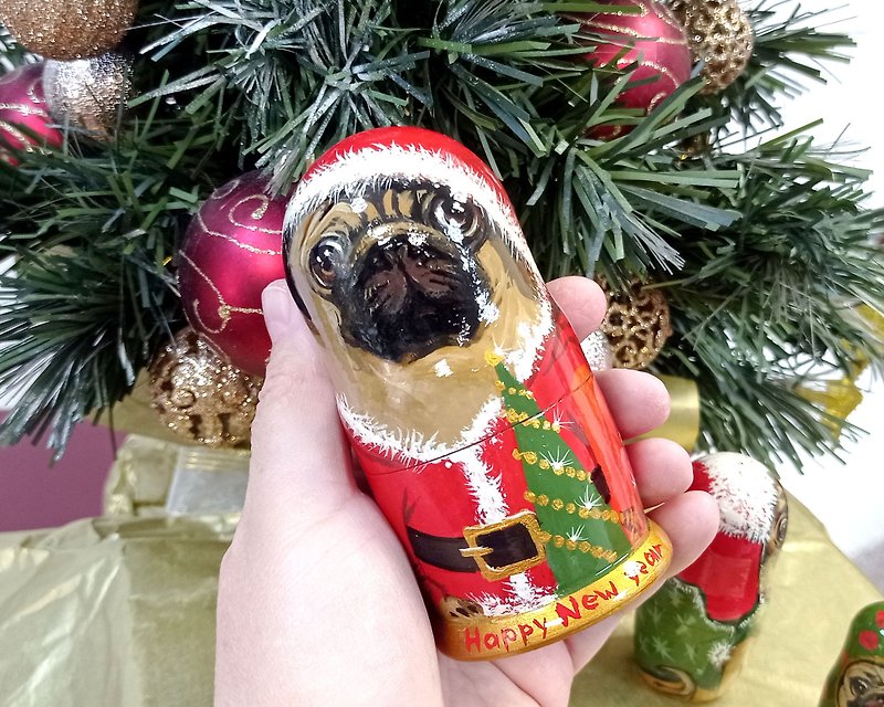 Dog Family Matryoshka, Christmas Gift for Mom, Pug Matryoshka, Dog Lover Gift - 摆饰 - 木头 红色