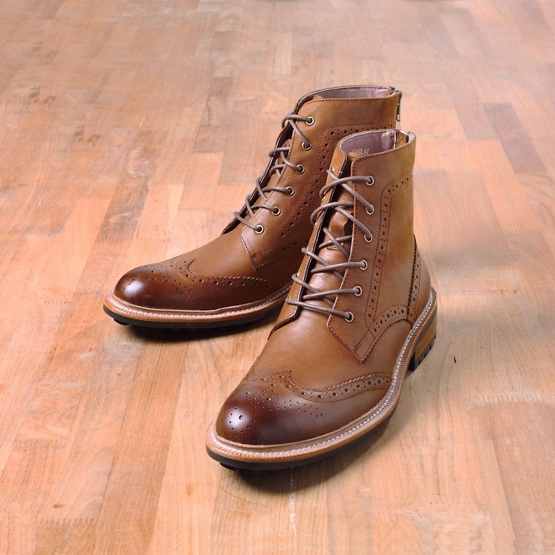 Vanger 优雅美型·英式复潮翼纹系带中筒靴 Va189咖 - 男款靴子 - 真皮 咖啡色