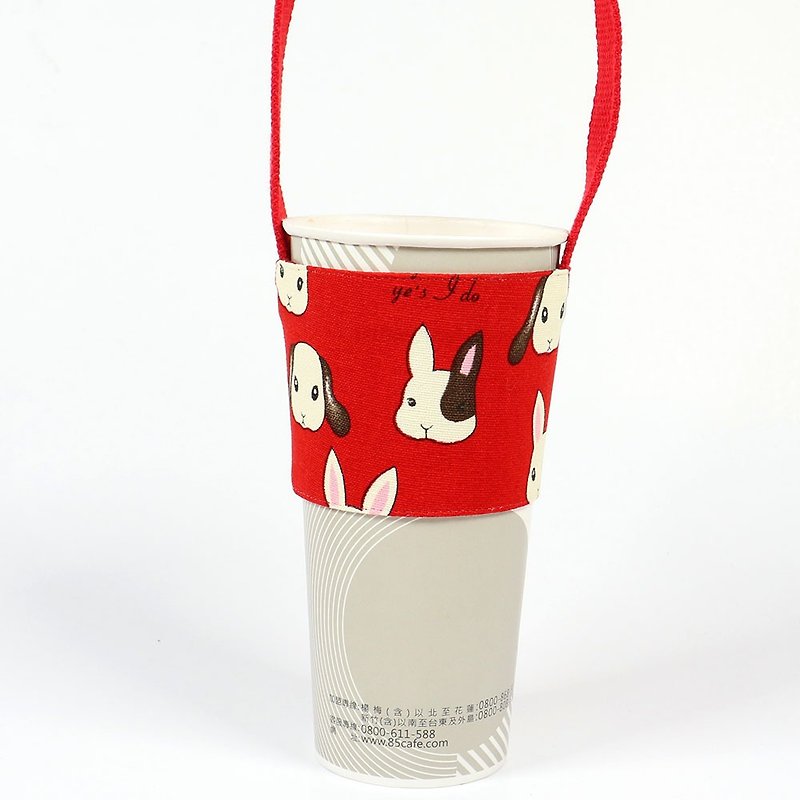 饮料杯套 环保杯套 提袋- 甜心 兔 (红) - 随行杯提袋/水壶袋 - 棉．麻 红色