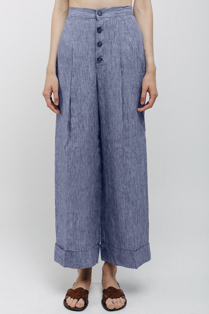 Linen Pleated Pants with Front Buttons Stripes - 女装长裤 - 亚麻 