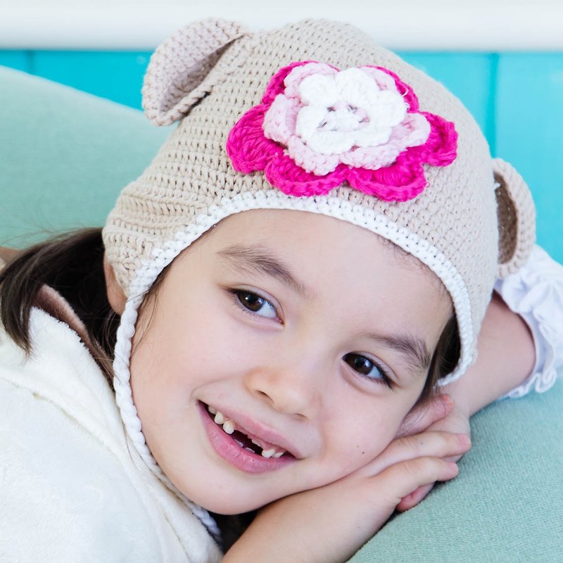 Cutie Bella手工编织帽Monkey-Caramel/Pink Flower - 婴儿帽/发带 - 棉．麻 咖啡色