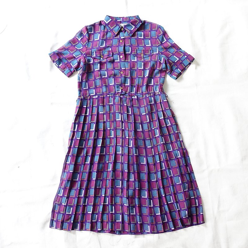 BajuTua /古着/ 紫色方块细致雪纺洋装 - 洋装/连衣裙 - 聚酯纤维 紫色