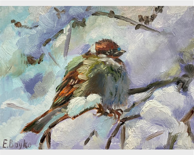 雀油画 冬季树枝上的麻雀 冬季风景 - 墙贴/壁贴 - 其他材质 透明