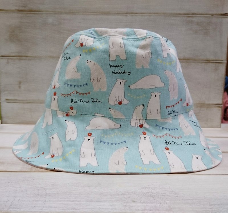 浅蓝色北极熊日常＆粉红圆点双面渔夫帽 遮阳帽 - 帽子 - 棉．麻 蓝色