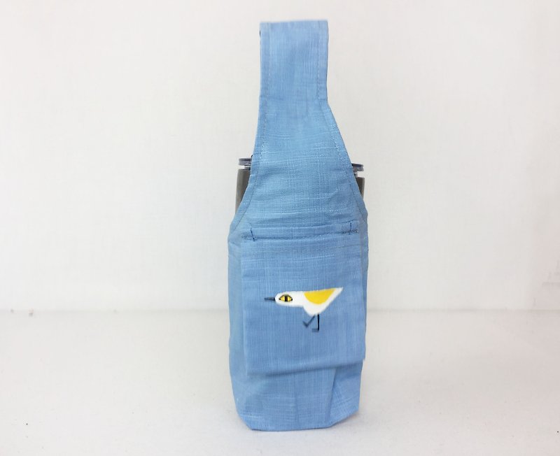 环保饮料提袋 / 大眼小鸟 - 随行杯提袋/水壶袋 - 棉．麻 蓝色