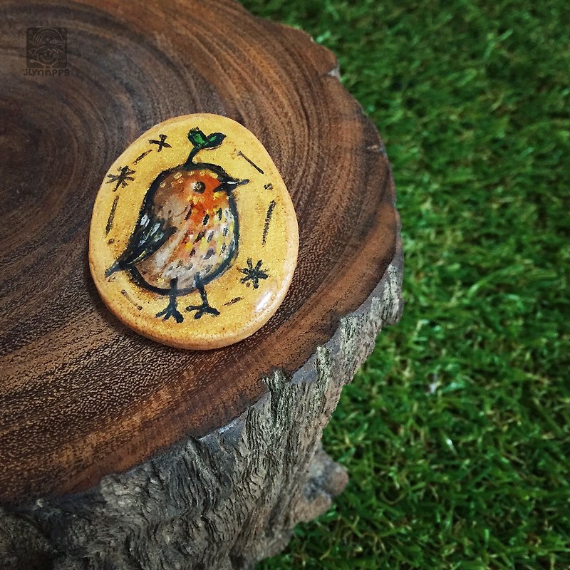 手绘小鸟木制徽章 - 胸针 - 木头 咖啡色