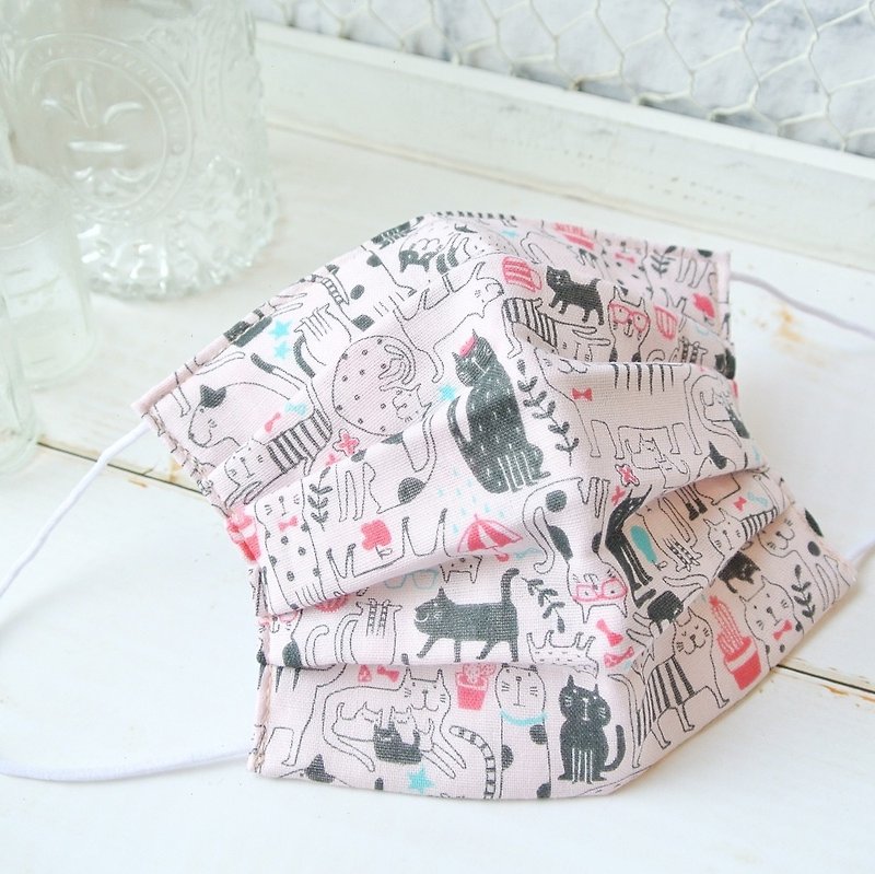 Cat lovers! | handmade mask Dots and Stripes Cat Pink | Comfortable cotton gauze - 口罩 - 棉．麻 粉红色