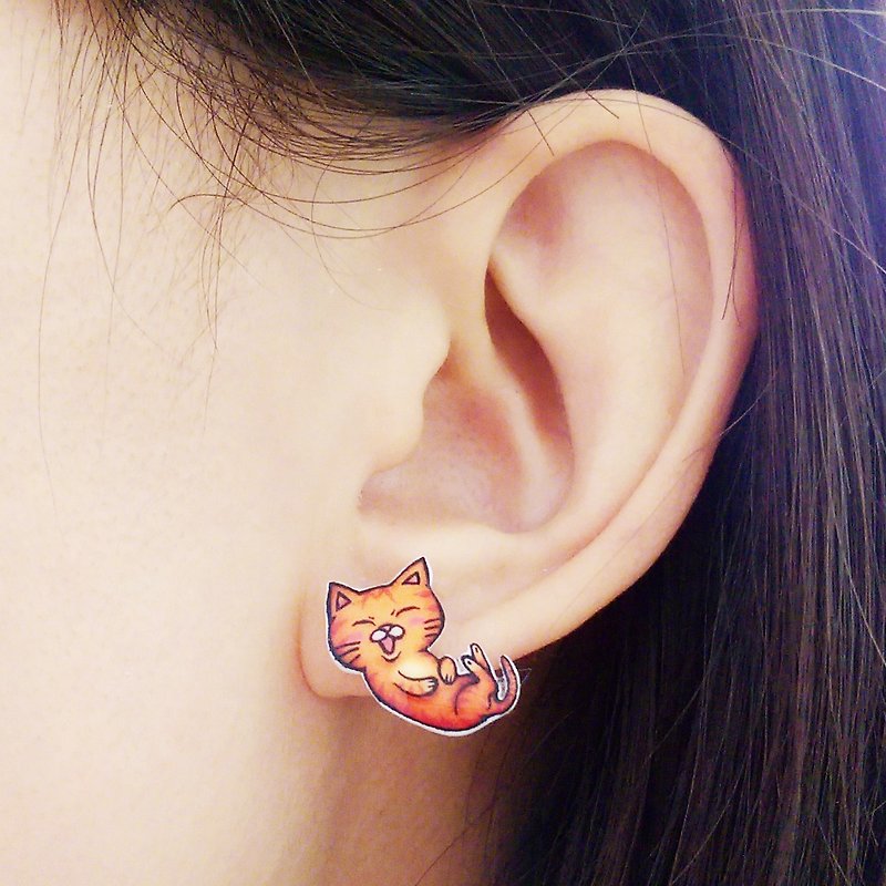 巧手猫x城市猫 耳环钢针 橘子猫 灰猫 奔驰猫(20款任选一对两支) - 耳环/耳夹 - 塑料 咖啡色