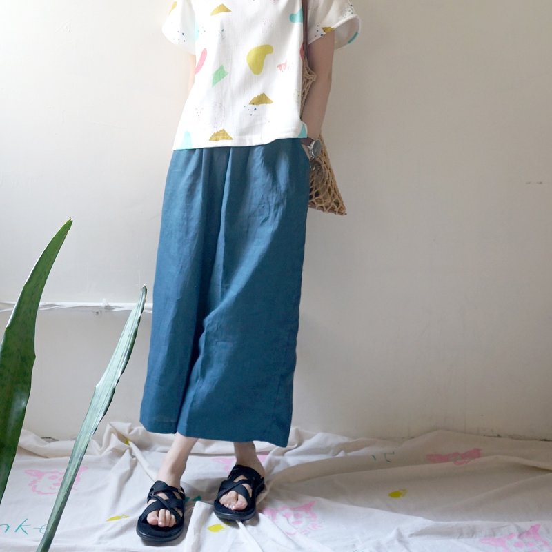 好评再补货 心花系列-舒服蓝色亚麻口袋宽裤 - 女装长裤 - 棉．麻 蓝色