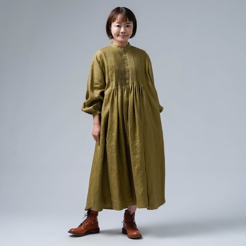wafu【リネンワンピース】琴線に触れるプレミアムリネン ピンタックドレス / ジョーヌサフラン a006d-jsn1 - 洋装/连衣裙 - 棉．麻 卡其色