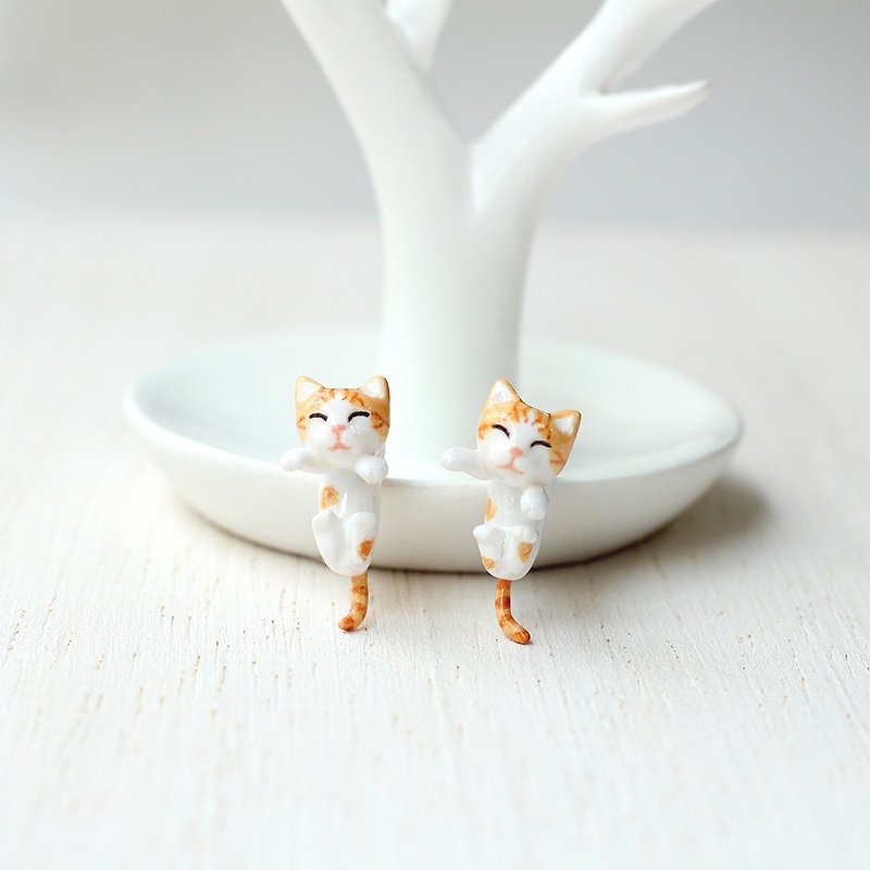 Orange Cat Earrings, Gauge & Plug Earrings, Two Piece Earrings - 耳环/耳夹 - 粘土 橘色