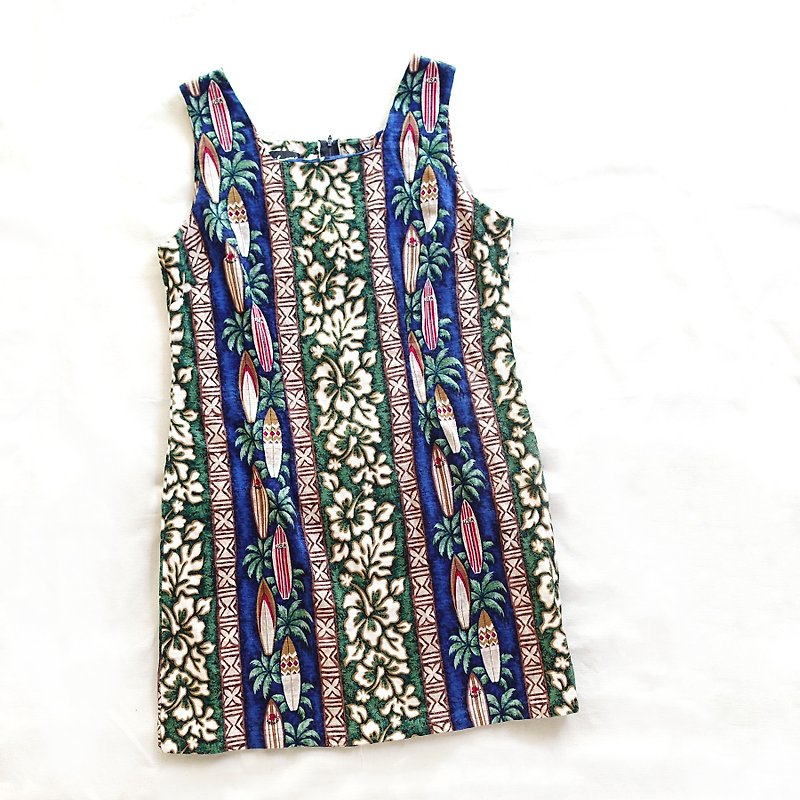 BajuTua /古着/ 海岛印象 80's 夏威夷制蓝绿色图腾植物纤维背心裙 - 洋装/连衣裙 - 棉．麻 蓝色