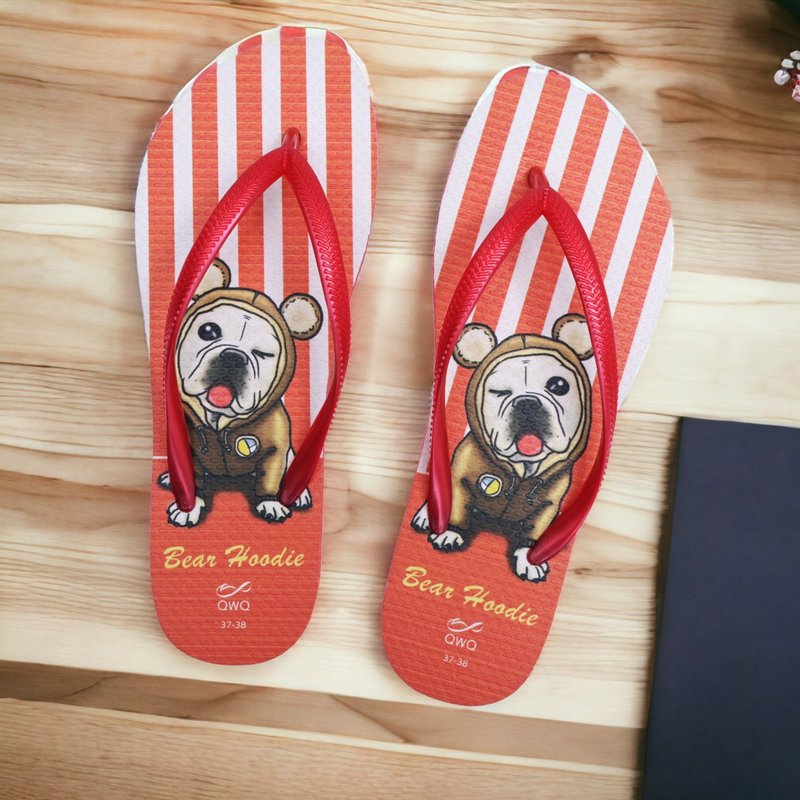 女生法斗狗狗夹脚拖鞋 软Q止滑情侣人字拖鞋 红 -Bear Hoodie- - 拖鞋 - 橡胶 多色