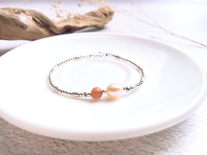 Ops moonstone silver bracelet-珍珠/粉肤色/银/橘月光石/气质 - 手链/手环 - 宝石 橘色