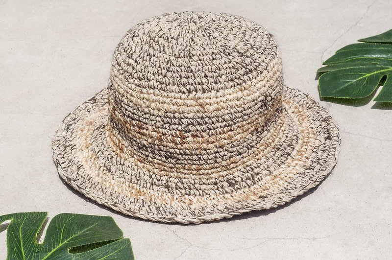 手工编织棉麻帽 编织帽 渔夫帽 遮阳帽 草帽 - 南美条纹 咖啡拿铁 - 帽子 - 棉．麻 咖啡色