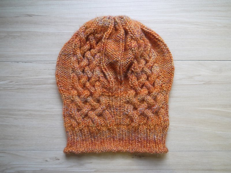 手作编织毛帽~橙色花编宽松垂掉感毛帽 - 帽子 - 羊毛 橘色