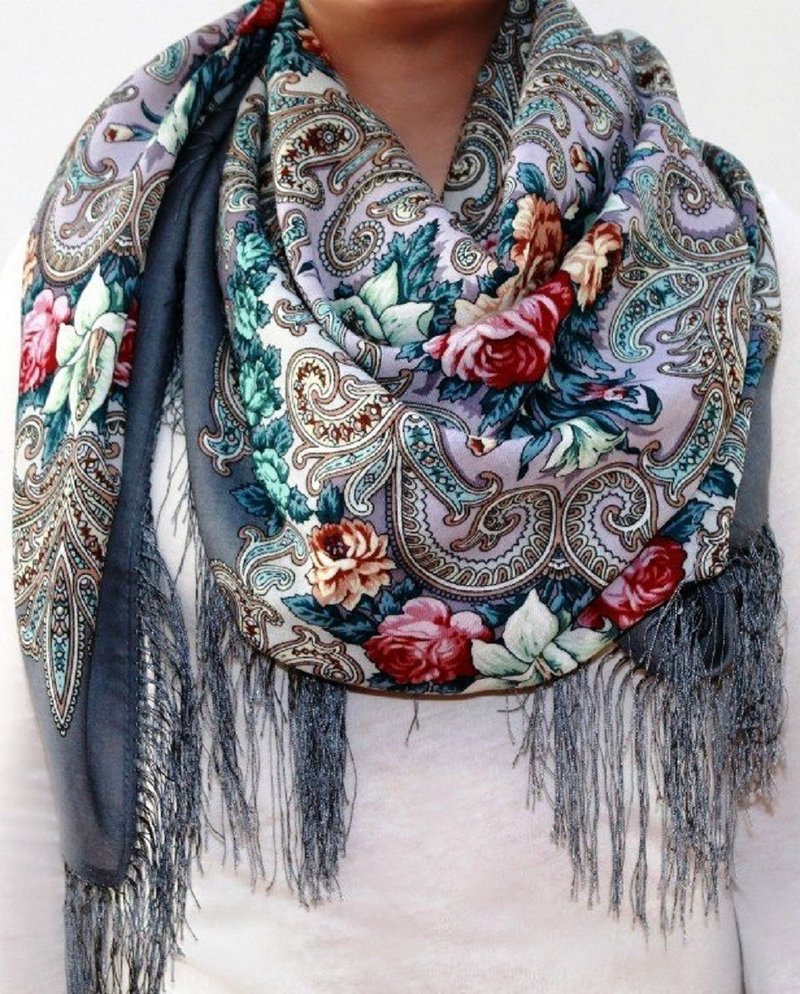 Luxury! Original Pavlovo Posad Russian Shawl 100% Wool Scarf Wrap 1437-1 - 丝巾 - 羊毛 灰色