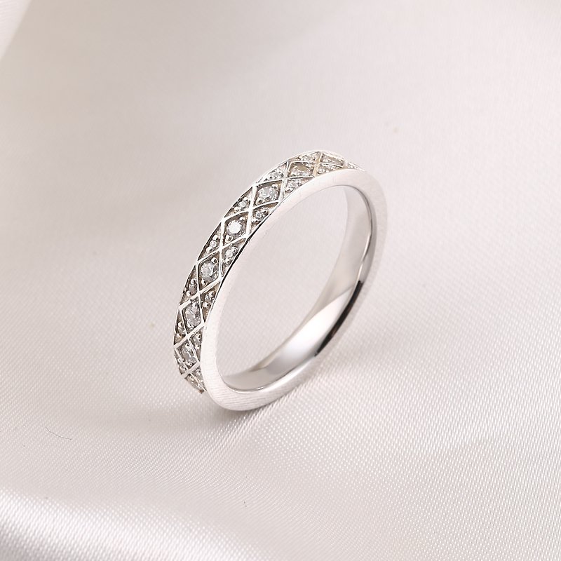 18K白金格纹钻石结婚戒指 - 对戒 - 贵金属 银色