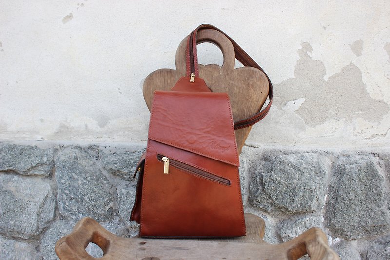 B133[Vintage皮包]ETTANGI咖啡色皮革后背包(可单双肩背设计) - 后背包/双肩包 - 真皮 咖啡色