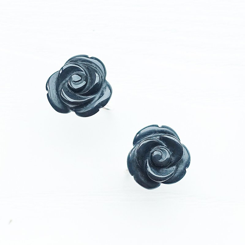 ROSE玫瑰 - 限量 黑曜石 手工雕刻 天然石 纯银 耳环 - 耳环/耳夹 - 其他材质 黑色