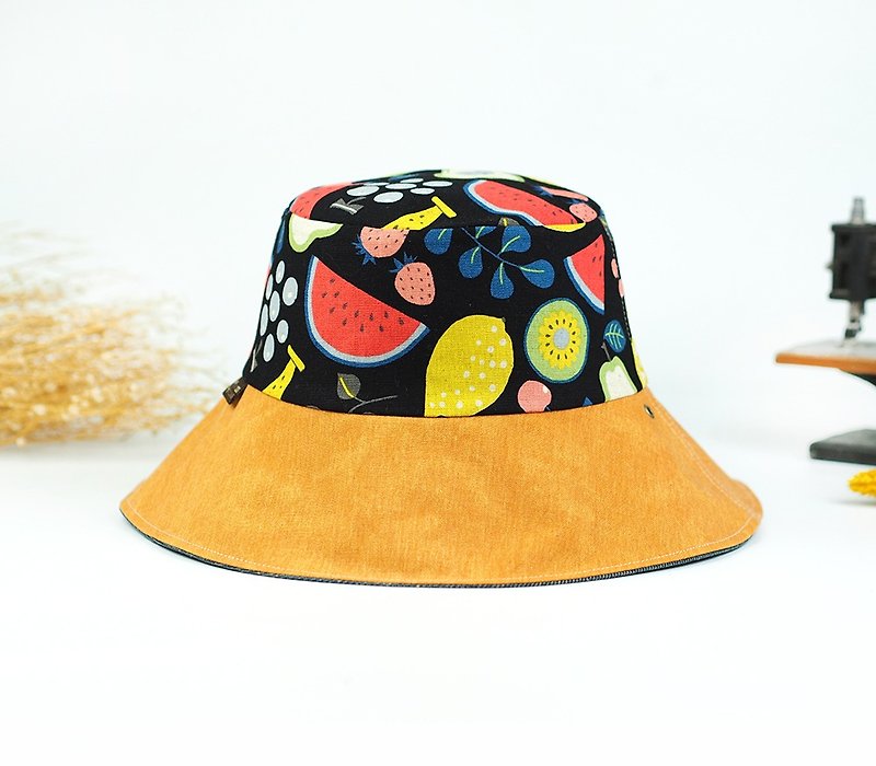 手工双面帽 遮阳帽 渔夫帽 定制化 可爱 水果 西瓜 柠檬 樱桃【摇滚水果儿】【BF-05】 - 帽子 - 棉．麻 黑色