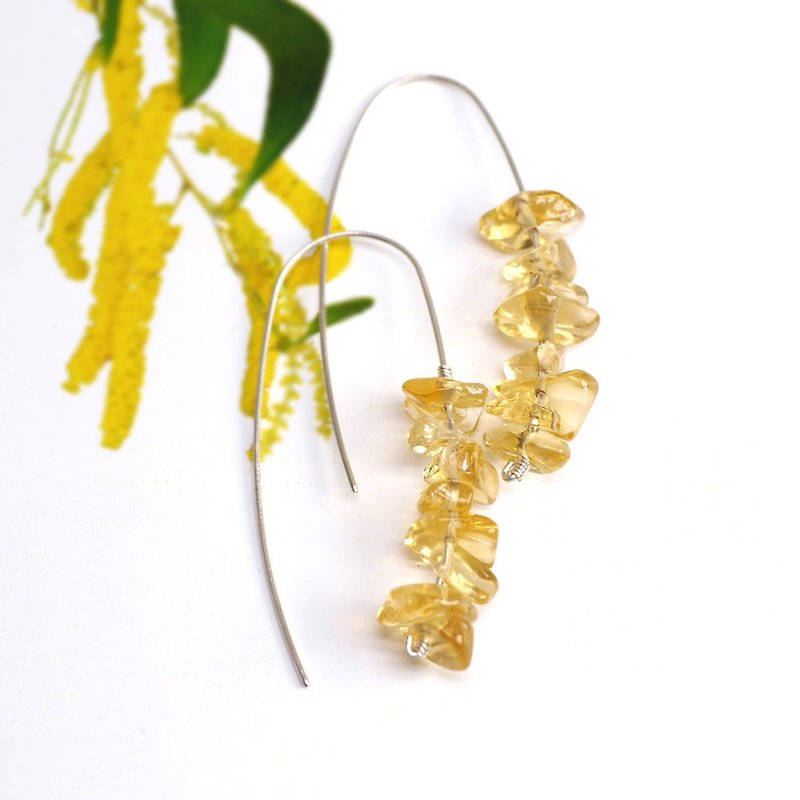 耳荚相思树黄花 - 天然黄水晶穗状花序925纯银长耳环 - 耳环/耳夹 - 水晶 黄色