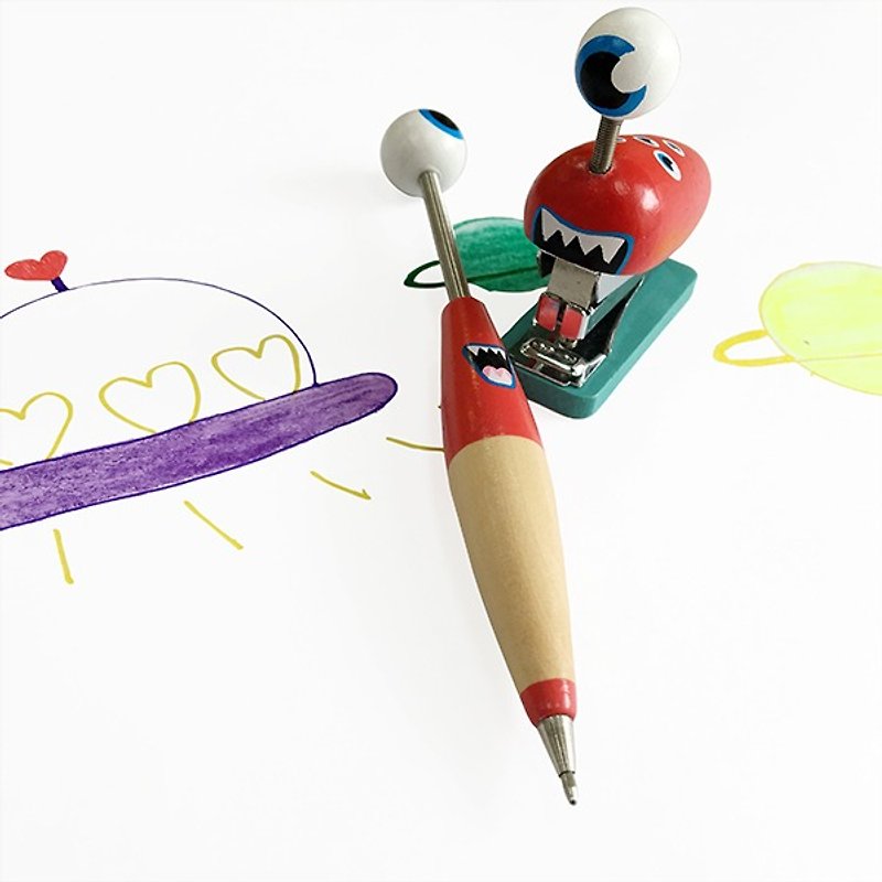木制红眼球外星宝宝文具组 - 钉书机  原子笔 - 圆珠笔/中性笔 - 木头 
