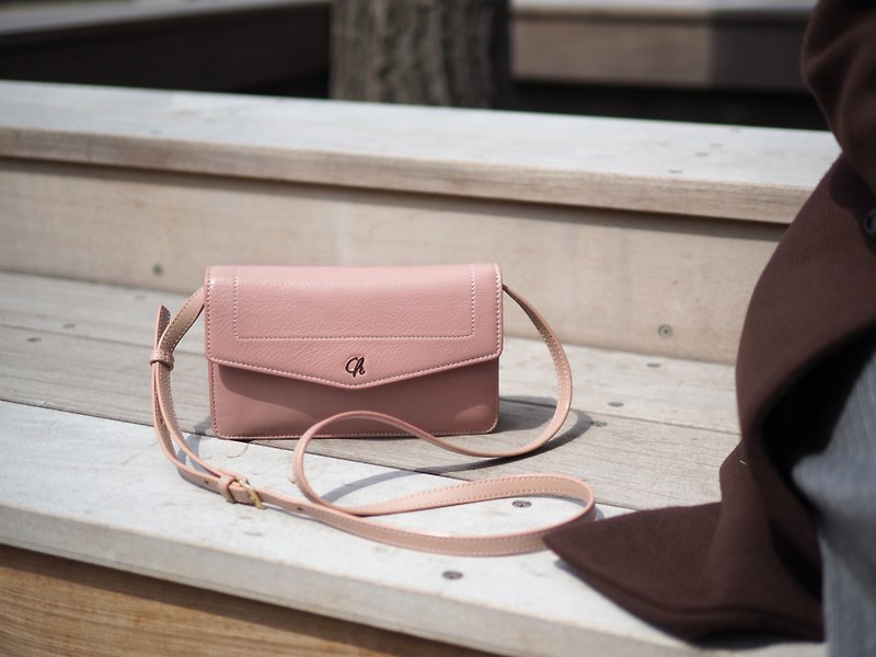 Irene (Nude pink) :  Multi-function bag, clutch , long wallet, mini crossbody - 手提包/手提袋 - 真皮 粉红色