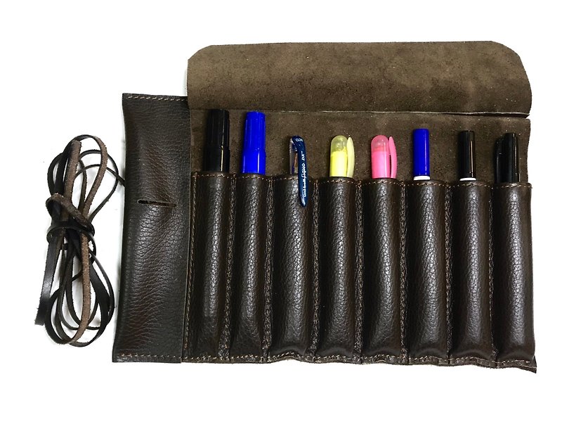 牛皮卷式笔袋/牛皮铅笔盒/工具袋/钢笔袋/8支笔 - 铅笔盒/笔袋 - 真皮 黑色