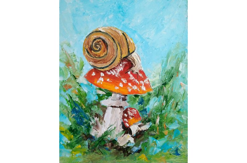 Snail Painting, Mushroom Original Art, Fly Agaric Artwork, Nature Wall Art - 海报/装饰画/版画 - 其他材质 多色