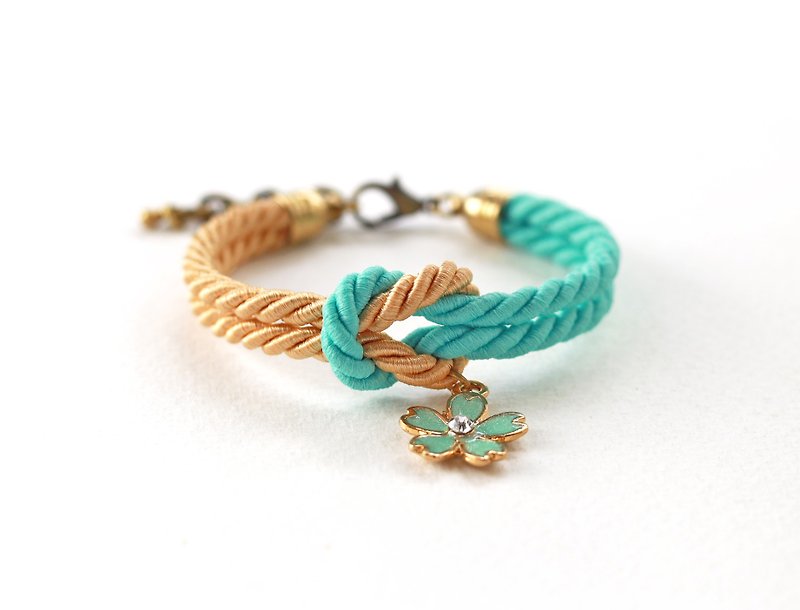 Gold / Matte fresh mint knot rope bracelet with mint flower charm - 手链/手环 - 其他材质 蓝色