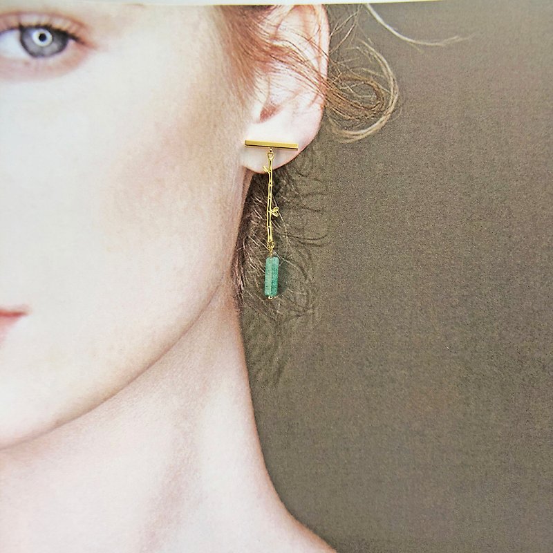 和风翡翠14kgf耳环 竹子耳环 翡翠耳环 清雅耳环 新年耳环 礼物 - 耳环/耳夹 - 宝石 绿色