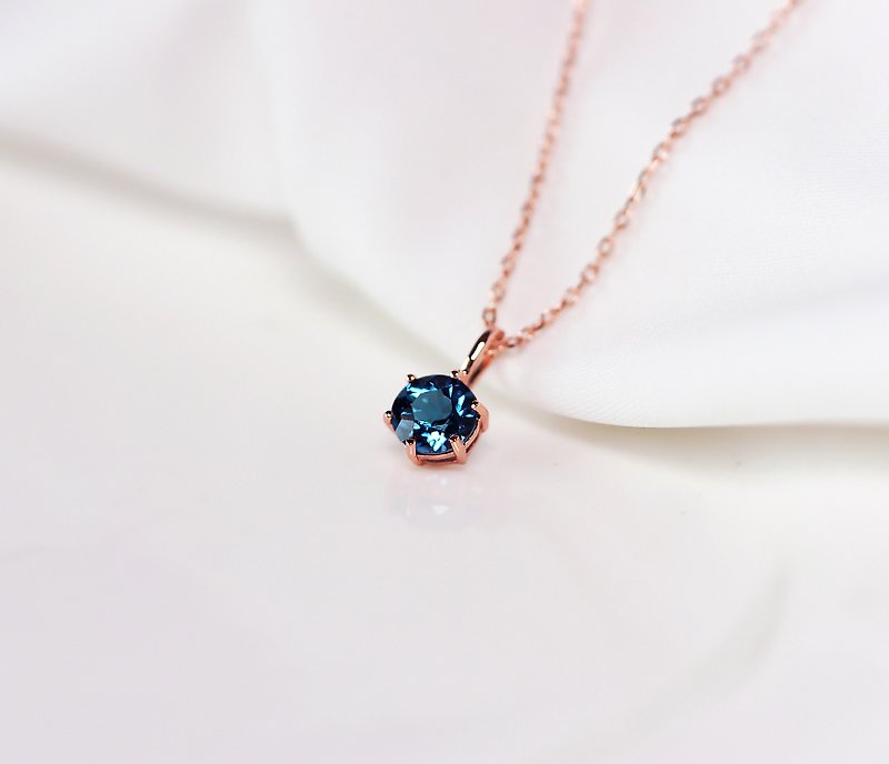 高品质-深蓝托帕石纯银玫瑰金项链6mm-十一月诞生石 - 项链 - 半宝石 蓝色