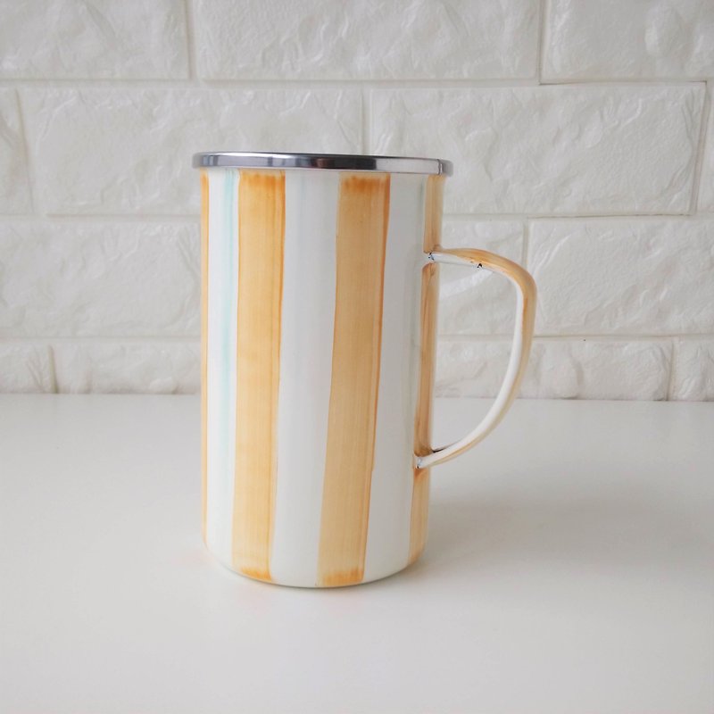 柳橙黄条纹珐琅马克杯 附手作礼物包装 | 650ml - 咖啡杯/马克杯 - 珐琅 黄色