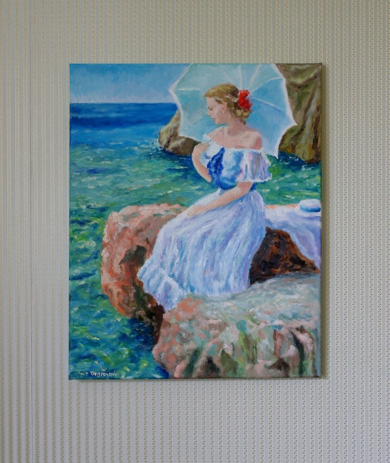 Girl With An Umbrella Original Art Oil Painting Wall Decor Girl Sea Romantic - 海报/装饰画/版画 - 其他材质 多色