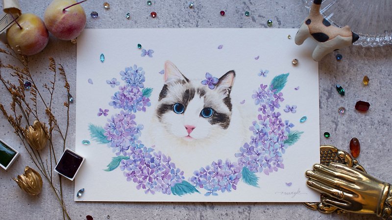 宠物 x 植物花卉 水彩 定制化 手绘 插画 七寸 半身肖像 含画框 - 订制画像 - 纸 多色