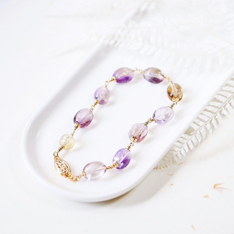 顶级天然紫黄晶卵型石 手链 14K   智慧 贵人水晶天然石 - 手链/手环 - 宝石 紫色