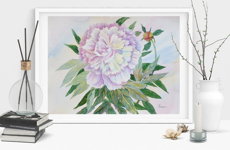 Peony. White and Pink in the Garden, Watercolor Flowers for Gift - 海报/装饰画/版画 - 纸 粉红色