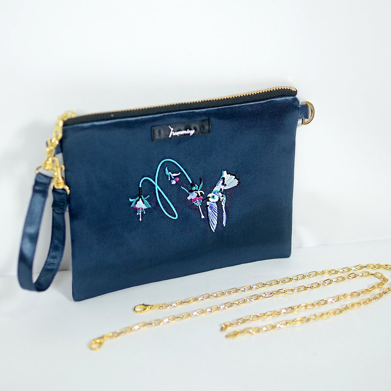 humming-Embroidery Bag- 鸟与彩带花 两用刺绣链包-蓝宝石 - 手拿包 - 绣线 蓝色