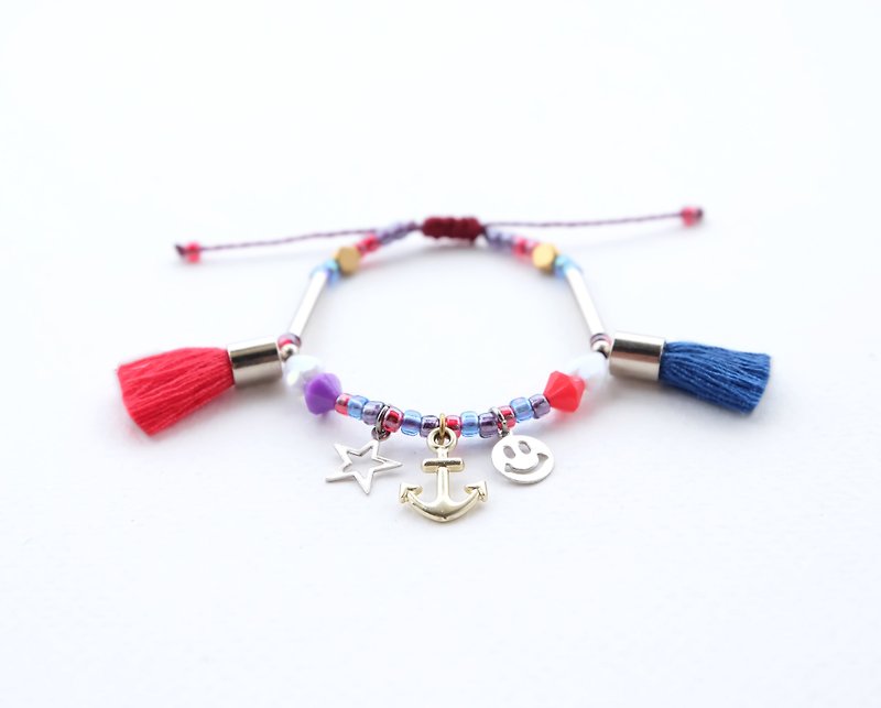 Small star / anchor / smiley charm string bracelet with red and blue tassel - 手链/手环 - 其他材质 蓝色