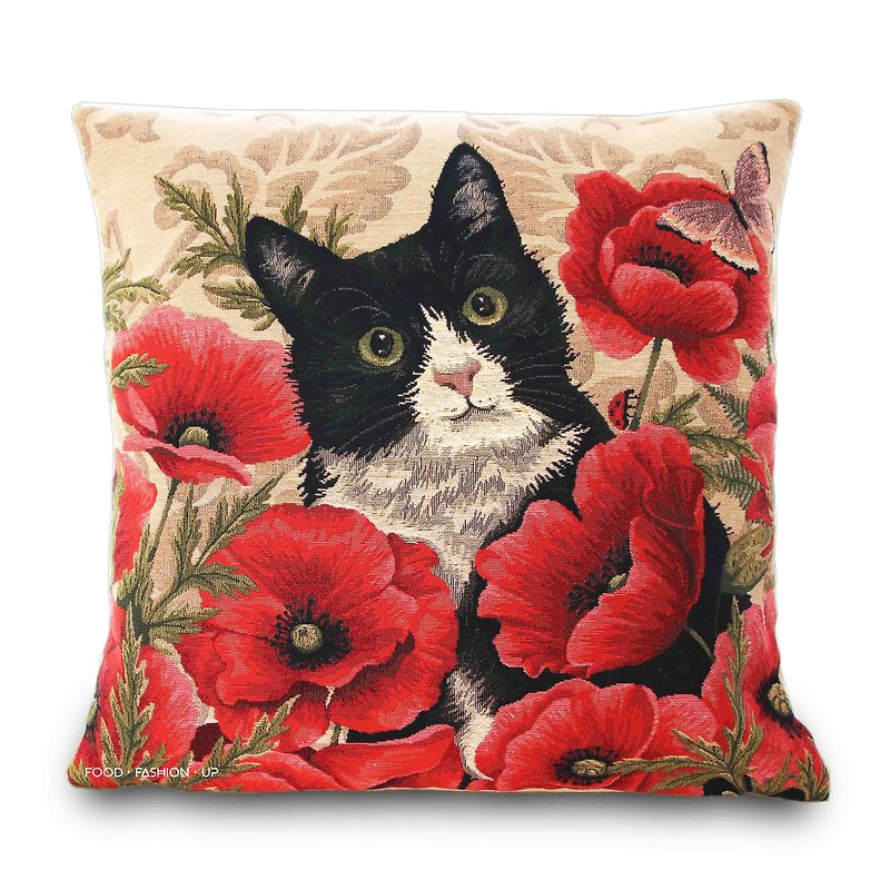 欧洲皇家缇花抱枕_在花园玩耍的黑白猫_限量1个 新年礼物 - 枕头/抱枕 - 棉．麻 