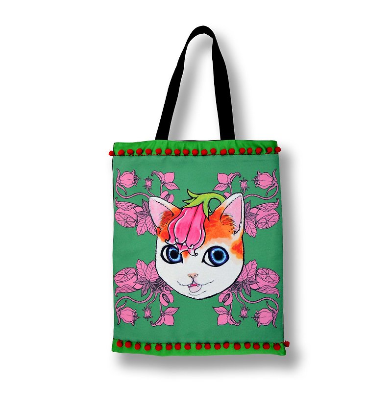 GOOKASO 双面购物袋 TOTE BAG 绿色 紫草猫咪 棉麻印花图案 背面日本和服织锦绸缎 缀彩色小球花边 - 其他 - 棉．麻 绿色