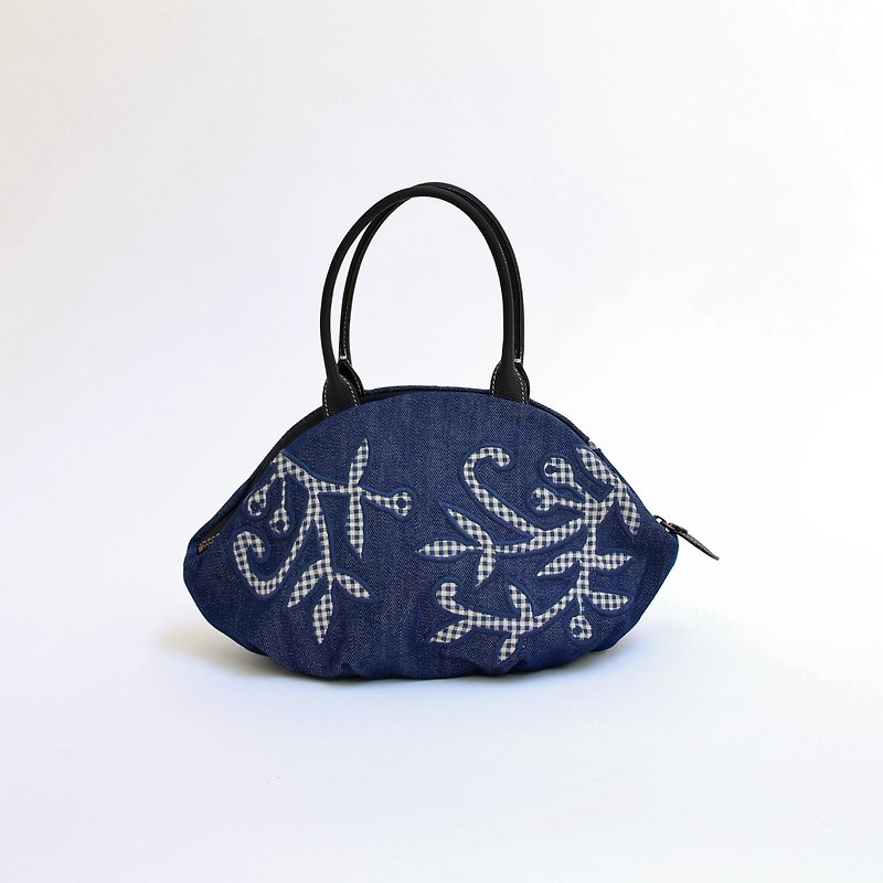 木のツル刺繍・アーモンドバッグ - 手提包/手提袋 - 棉．麻 蓝色
