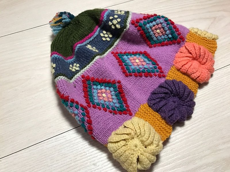 菱形小花 彩色立体编织 毛帽 - 帽子 - 羊毛 紫色