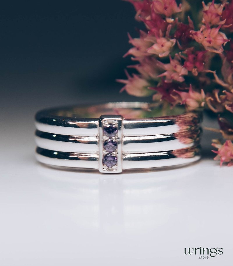 三颗紫水晶银宽结婚戒指男女通用订制多宝石 - 戒指 - 纯银 紫色