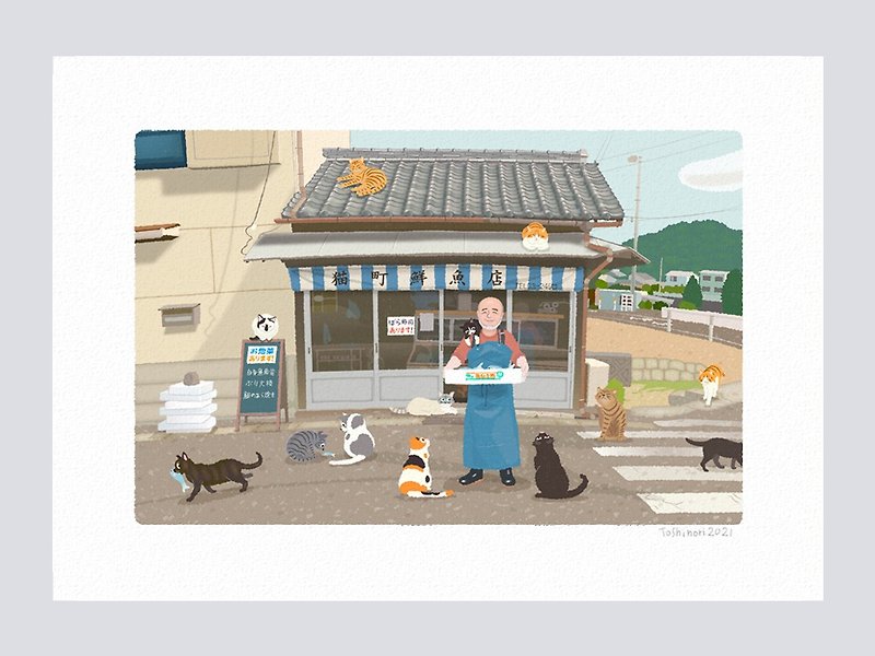 アートプリント47.猫町の鮮魚店(A4,A3,A2)   送料無料 - 海报/装饰画/版画 - 纸 灰色