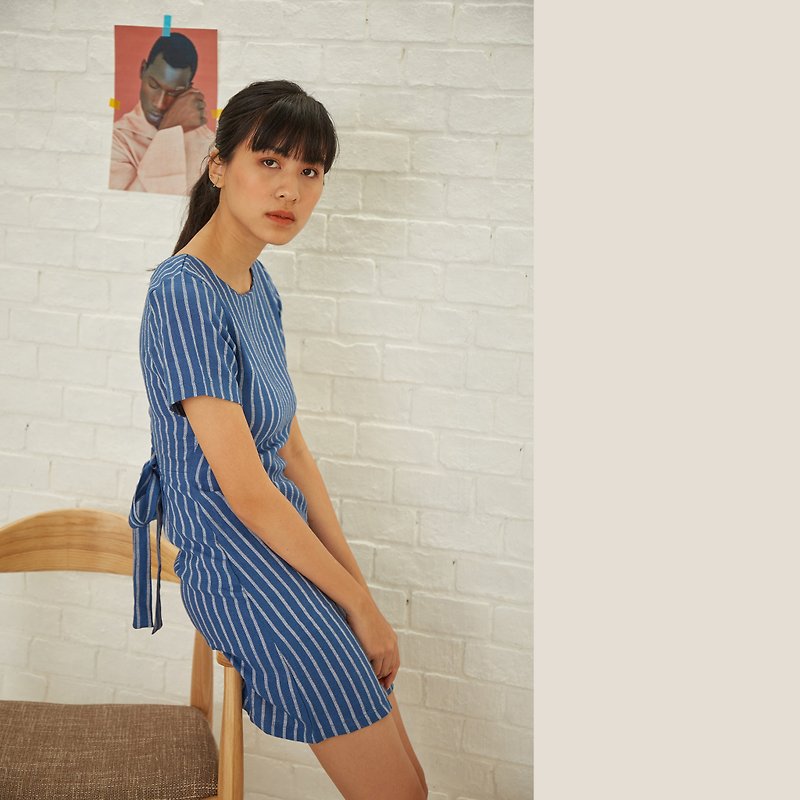 Linen Stripe Dress - Blue - 洋装/连衣裙 - 棉．麻 蓝色