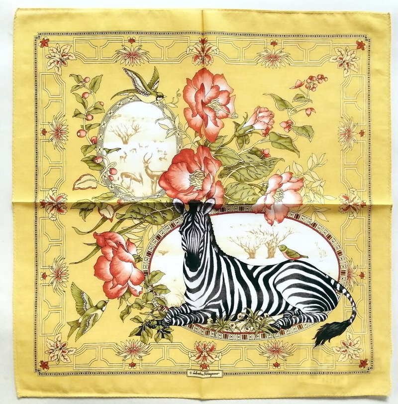 Salvatore Ferragamo Vintage Handkerchief Zebra Rare! Collection 17 x 17 inches - 丝巾 - 棉．麻 黄色