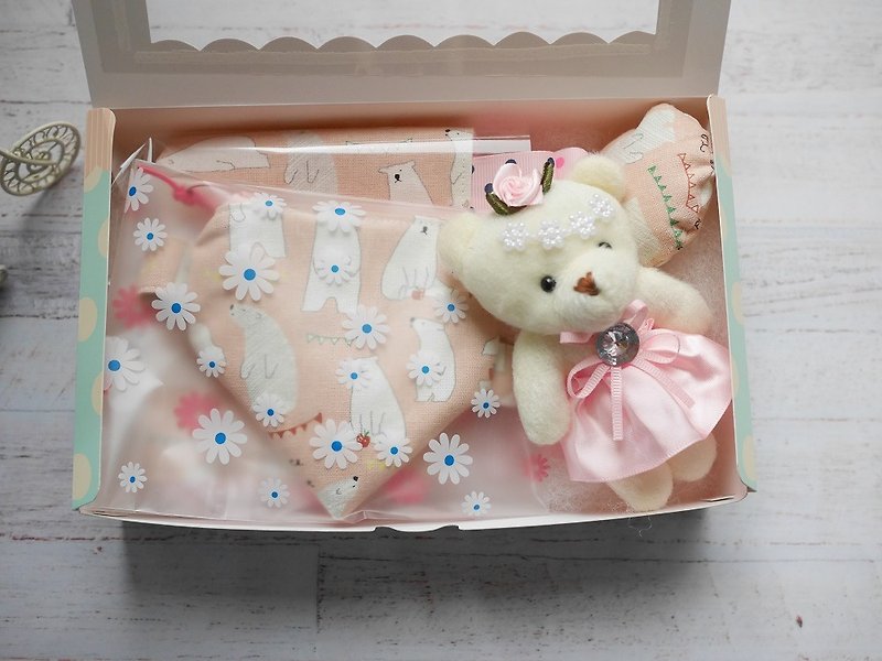 熊熊弥月礼盒 安抚巾 奶嘴收纳袋 小熊娃娃 - 满月礼盒 - 棉．麻 粉红色